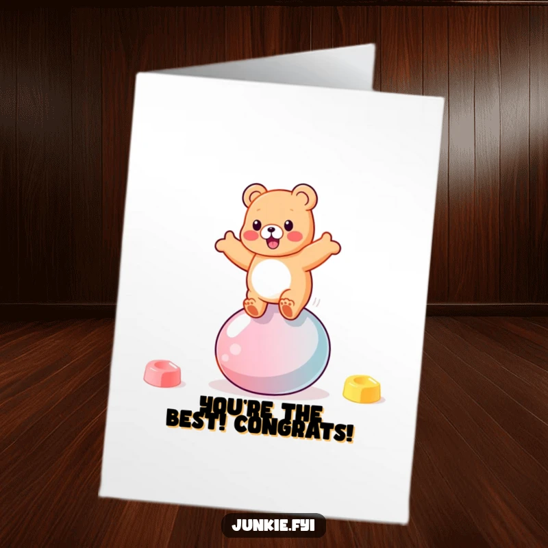 Funny free printable congratulations card featuring a bouncy gummy bear character on a jellybean.