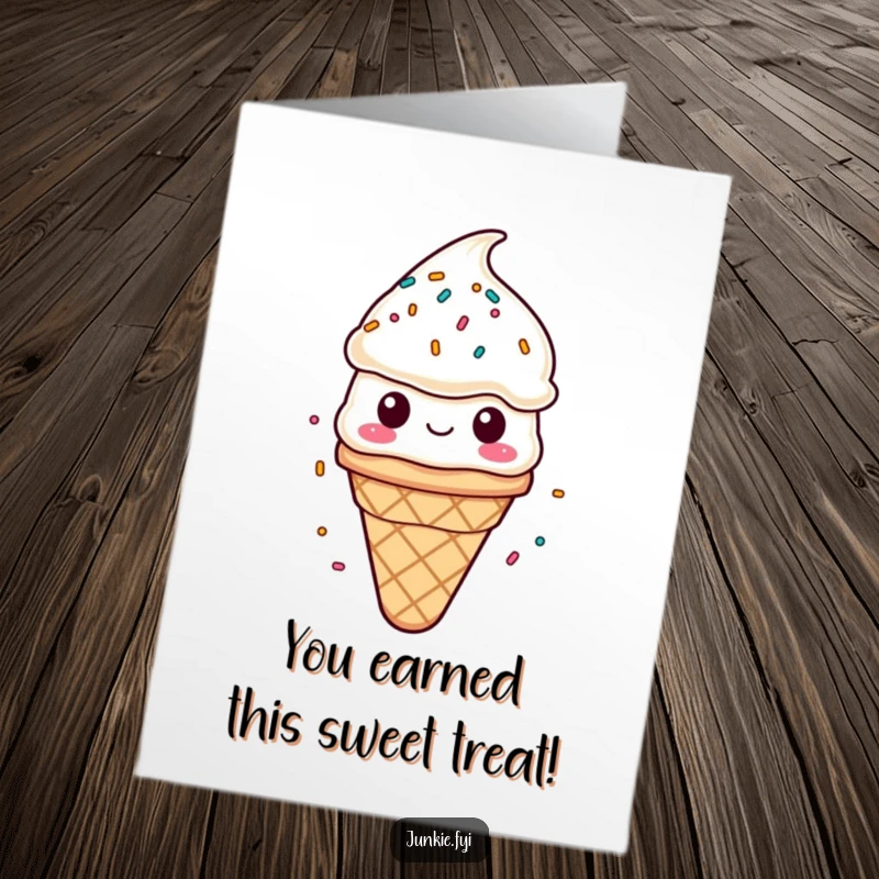 Funny Free Printable Congratulations Card: An ice cream cone character happily receiving a shower of sprinkles, celebrating a fantastic win.