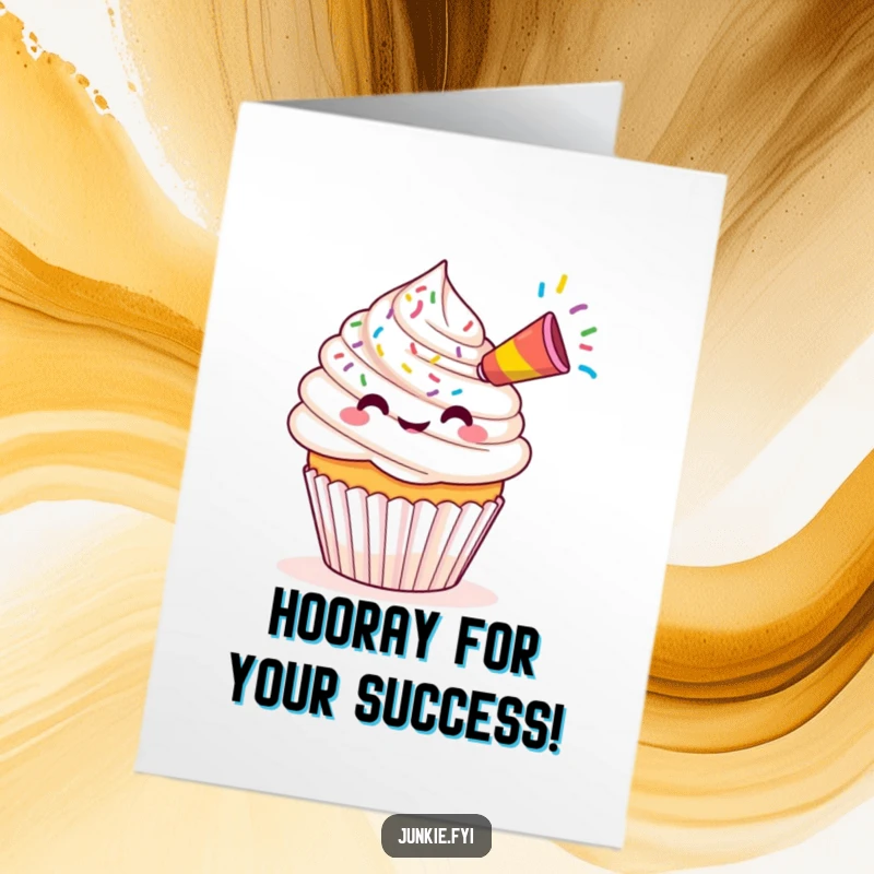 Funny Free Printable Congrats Card: A Kawaii cupcake joyfully blasts a stream of colorful sprinkles from a small party horn.