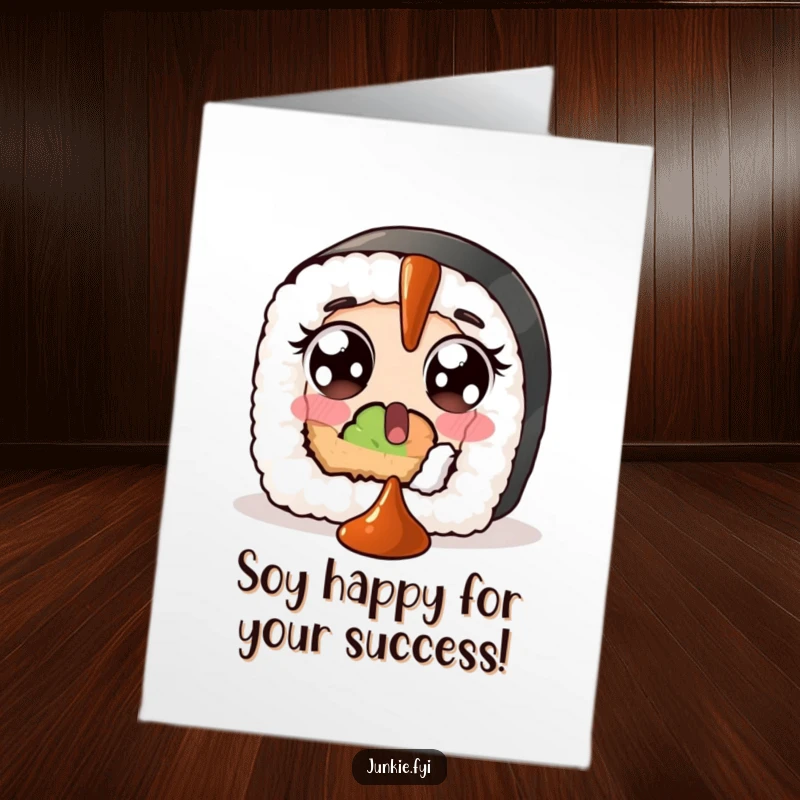 Funny Free Printable Congratulations Card: A surprised sushi roll with wide eyes reacts to a falling drip of soy sauce.