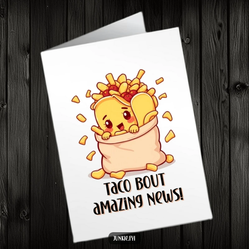 Funny Free Printable Congrats Card: Curious taco character peeks from a chip bag, celebrating success with a humorous snack theme.