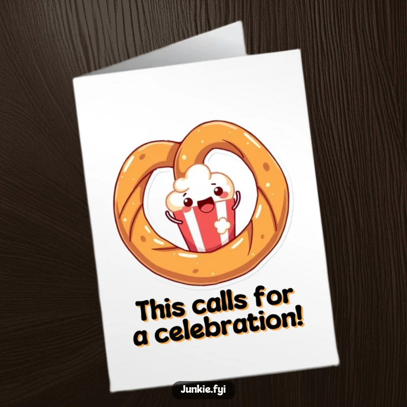 Funny Free Printable Congrats Card: A joyful pretzel twirls happily around a popcorn kernel, celebrating your achievement with pure delight.