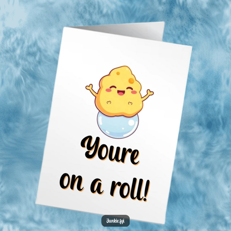 Funny Free Printable Congrats Card: A grinning cheese puff floating triumphantly on a bubble, celebrating success.