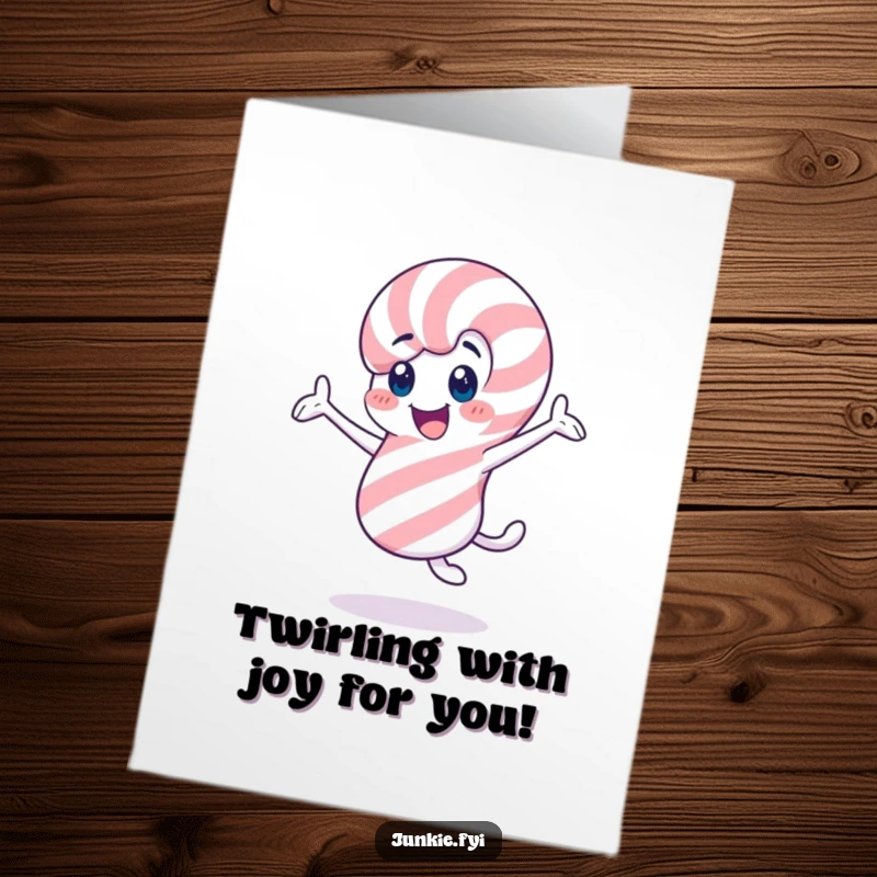 Free Printable Congratulations Card: A happy candy cane character twirling excitedly, celebrating a win, great for DIY.