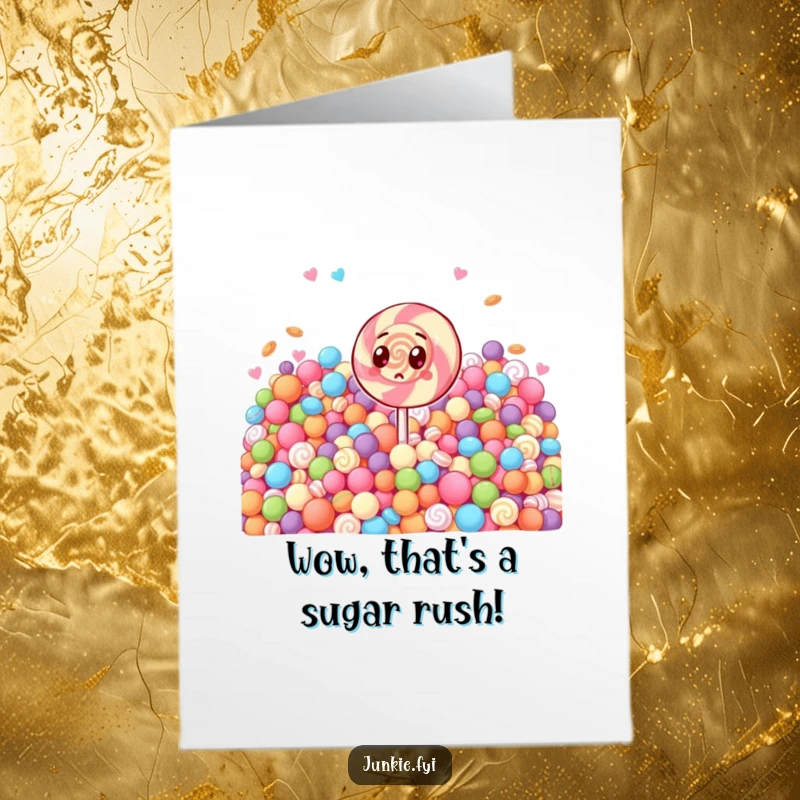 Funny Free Printable Congratulations Card: A stunned lollipop character gazing at a huge candy pile, celebrating amazing achievements.
