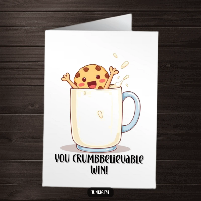 Funny Free Printable Congratulations Card: Happy cookie character joyfully jumping into a large milk mug, symbolizing achievement.