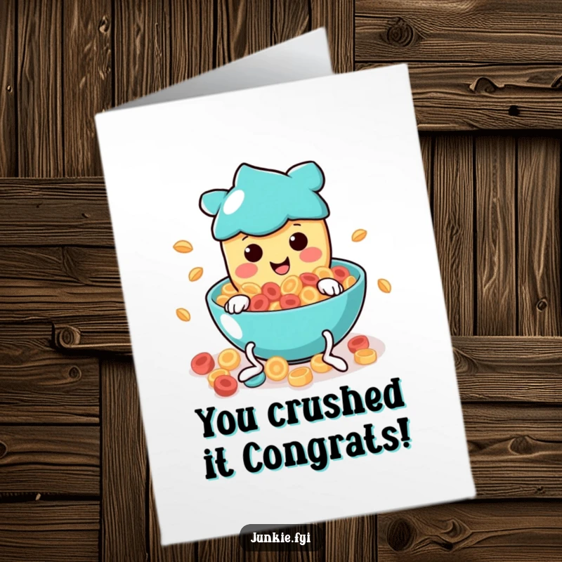 Funny Free Printable Congratulations Card: Wiggly food character celebrating a victory with a joyful cereal dive, full of excitement.