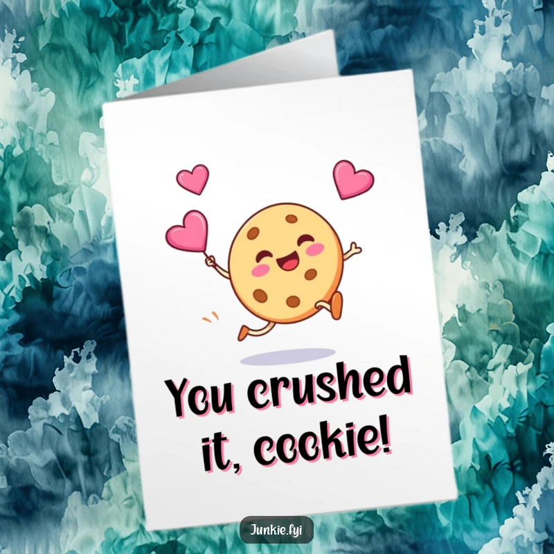 Funny Free Printable Congrats Card: A cookie grins widely while kicking a candy heart in celebration.
