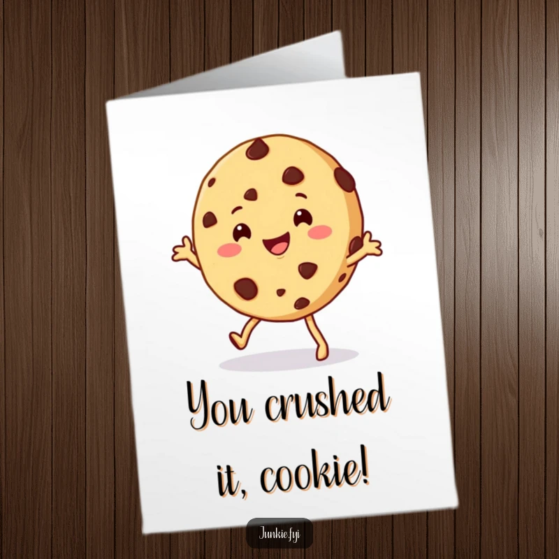 Funny Free Printable Congratulations Card: A happy chocolate chip cookie character doing a delightful shimmy, celebrating your awesome achievement.