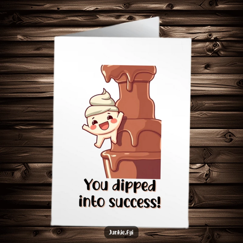 Funny Free Printable Congratulations Card: Smiling food character dangling above a chocolate fountain, celebrating success with a sweet risk.
