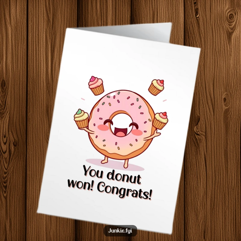 Funny free printable congratulations card showing a joyful donut character juggling three mini cupcakes.
