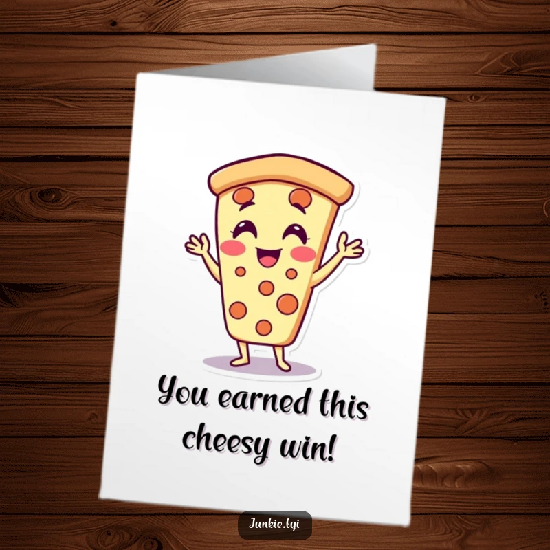 Funny Free Printable Pizza Slice Congratulations Card, character doing jazz hands, delighted and celebratory, perfect for winning big.