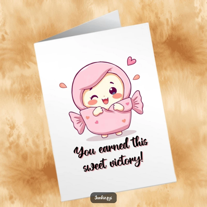 Funny free printable congratulations card featuring a happy candy bar character unwrapping itself in celebration.