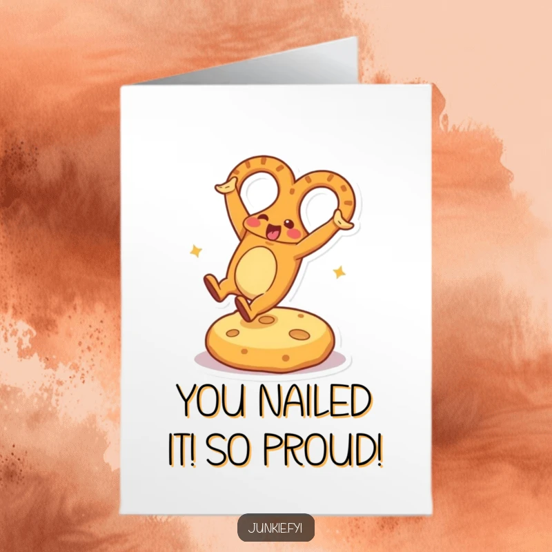 Funny Free Printable Congrats Card: Energetic pretzel celebrating with a cartwheel on cheese, ideal for a DIY gift.