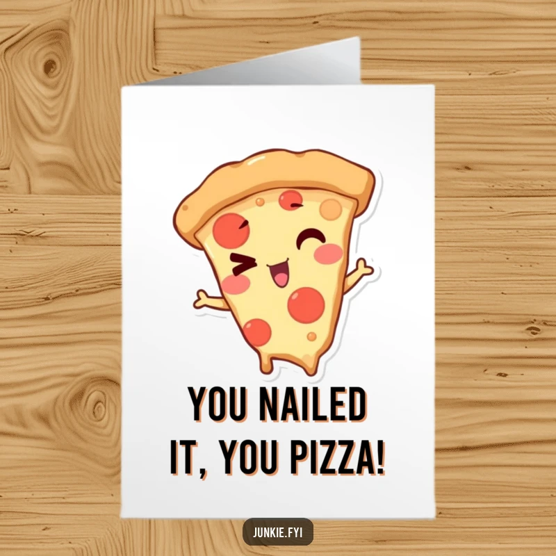 Funny Free Printable Congratulations Card of a mischievous pizza slice character offering a playful wink to celebrate achievements.