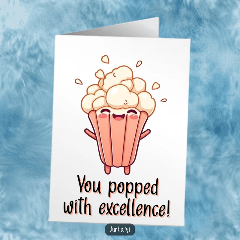 Funny Free Printable Congratulations Card featuring a delighted popcorn kernel exploding upwards with enthusiastic abandon.