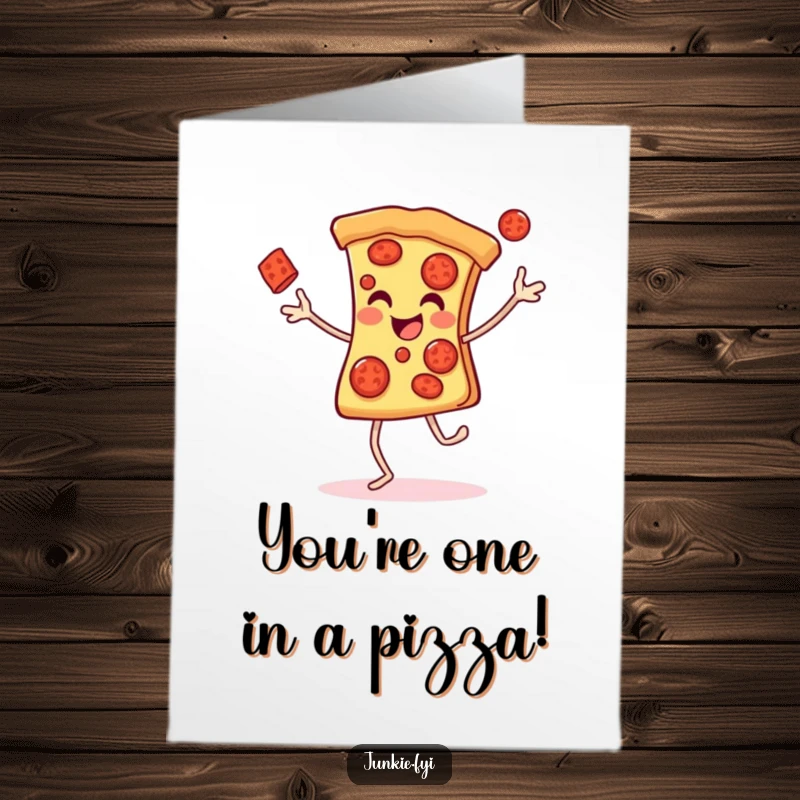 Funny Free Printable Congratulations Card: A pizza slice character with legs cheerfully juggling pepperonis, celebrating a win.