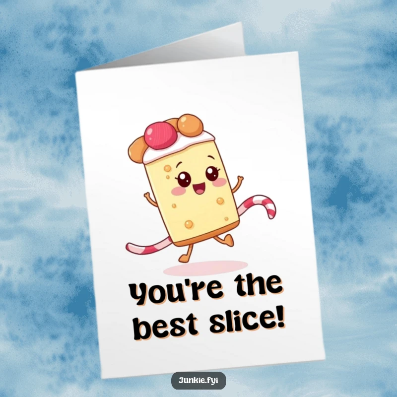 Funny Free Printable Congrats Card: A happy slice of pie skips energetically along a licorice rope in celebration.