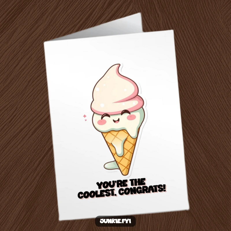 Funny Free Printable Ice Cream Cone Congratulations Card, character melting happily, perfect for celebrating sweet achievements, downloadable art.
