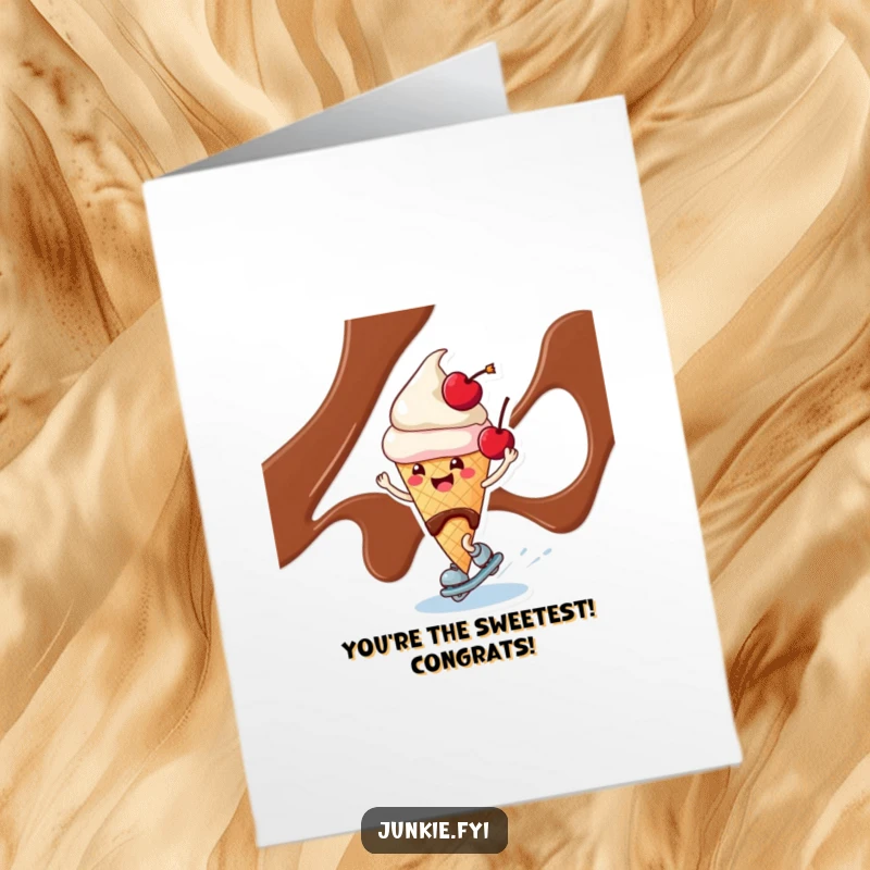 Funny free printable congratulations card of a happy ice cream cone character skating on chocolate syrup.