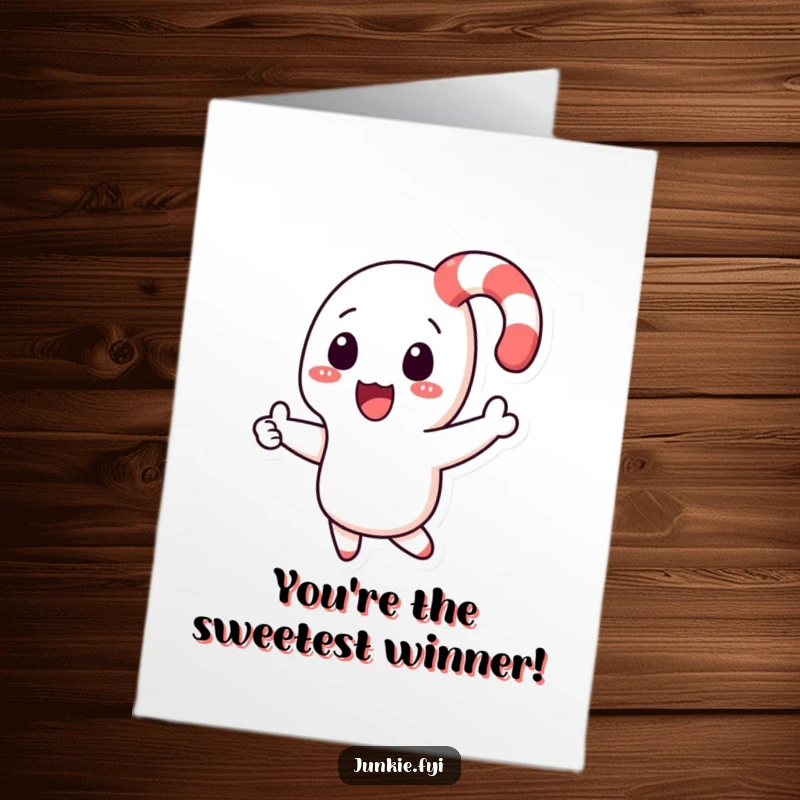 Funny Free Printable Congratulations Card: Playful candy cane character returning to a hand, symbolizing achievement and support.