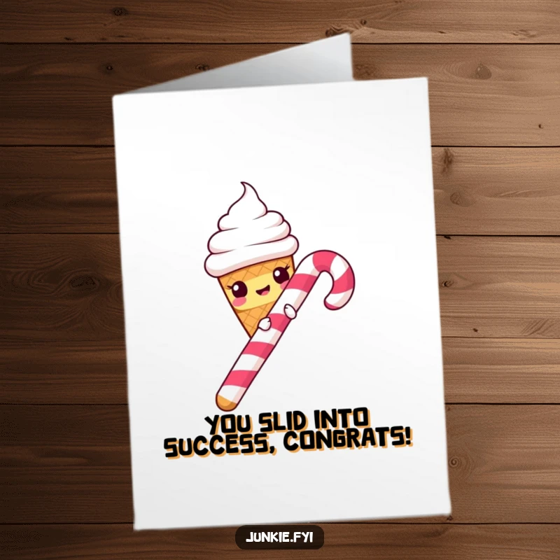 Funny Free Printable Congratulations Card: Mischievous ice cream cone slides down a candy cane in a humorous celebration.