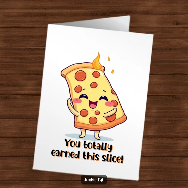 Funny Free Printable Congratulations Card: A delighted food character embracing a massive slice of hot pizza, celebrating good news.