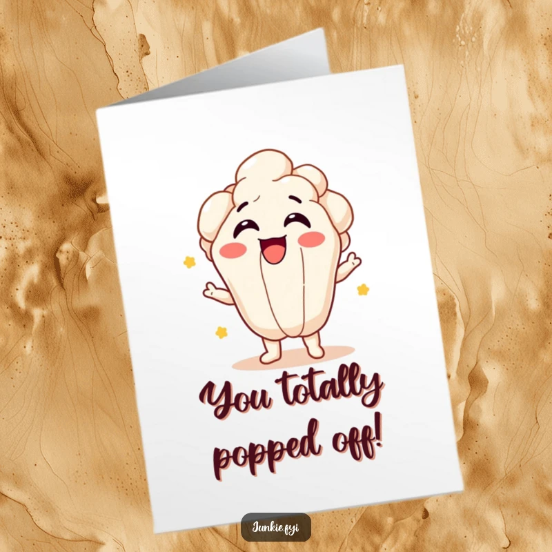 Funny Free Printable Congratulations Card: Giggling popcorn kernel character bursting with energy, celebrating a big win.