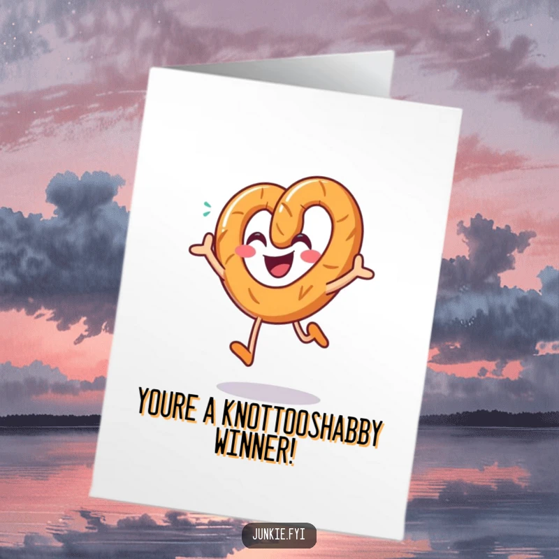 Free Printable Congratulations Card: A happy pretzel character jumping with salt sprinkles, celebrating success, perfect for DIY.