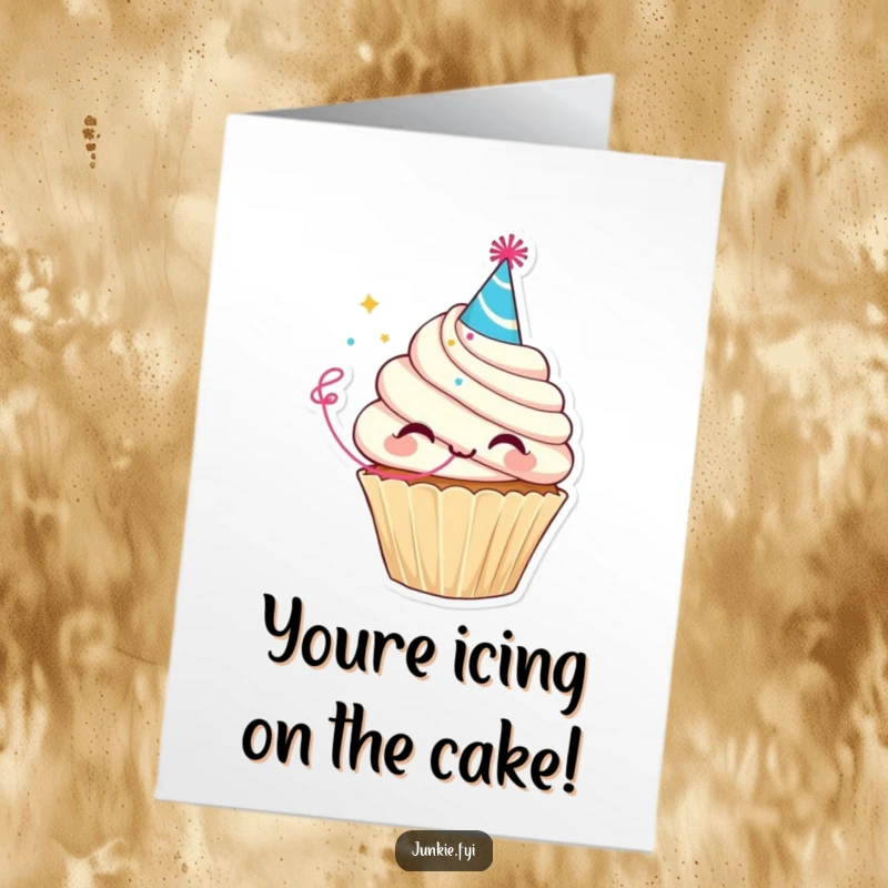 Funny Free Printable Congrats Card: Delighted cupcake character in a party hat blows a streamer, celebrating achievements with joy.