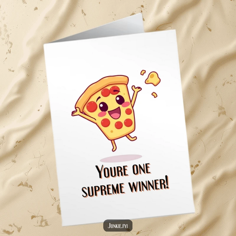 Funny Free Printable Congratulations Card: Delighted Pizza Slice Character Performing a Joyful Cartwheel, Cheese Flying Everywhere.