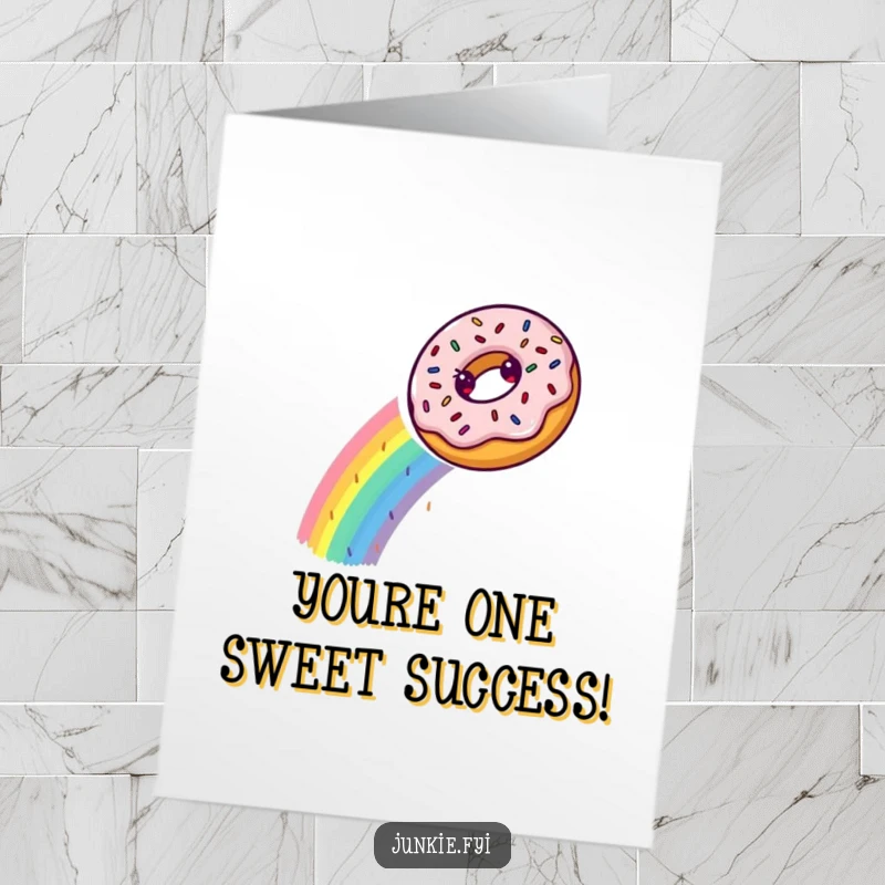 Funny Free Printable Congratulations Card showing a happy donut zipping down a bright rainbow constructed from tiny, colorful sprinkles.