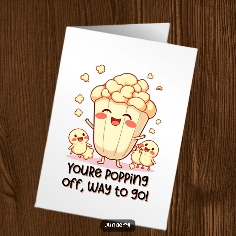 Funny free printable congratulations card featuring a popcorn kernel character popping with joy and excitement with friends.