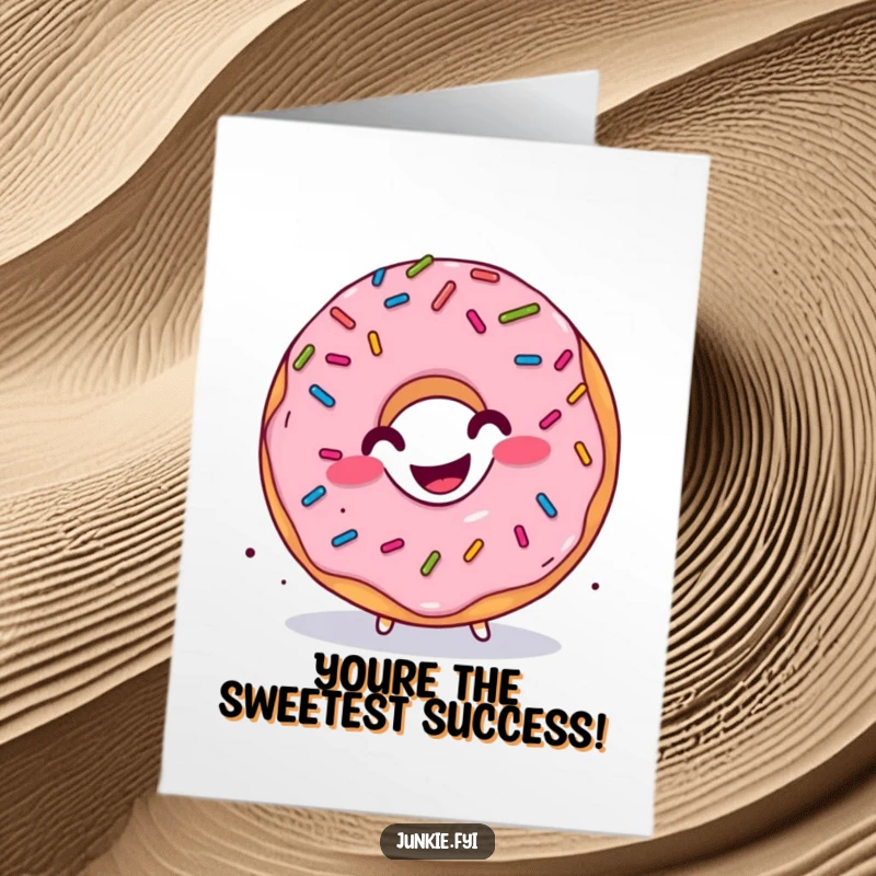 Funny free printable congratulations card showing a grinning donut character with sprinkles raining down, performing a happy wiggle.