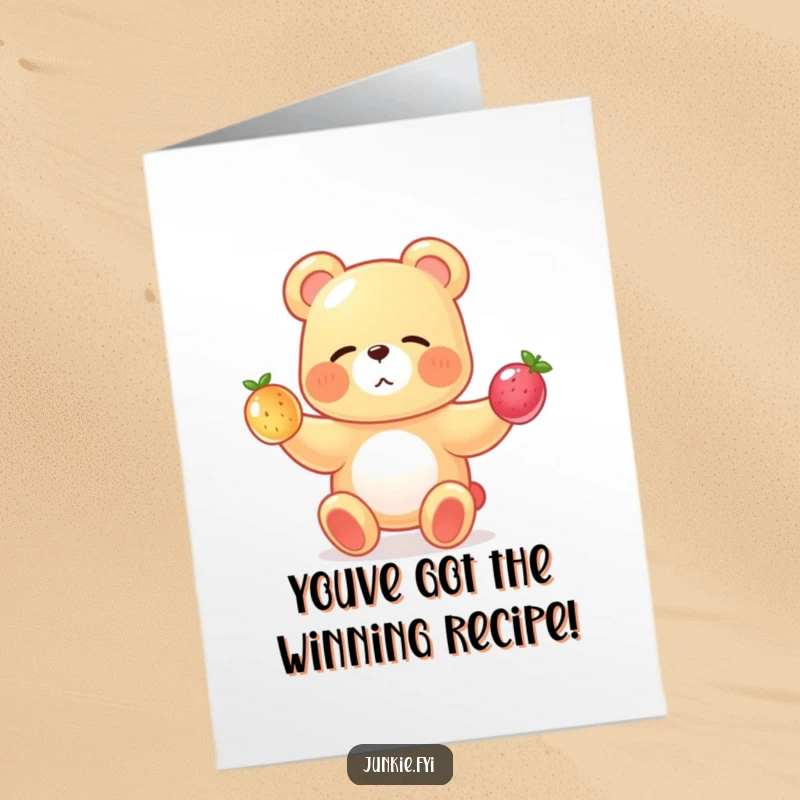 Funny Free Printable Congratulations Card showing a winking gummy bear expertly juggling three tiny, translucent fruits, celebrating an achievement.