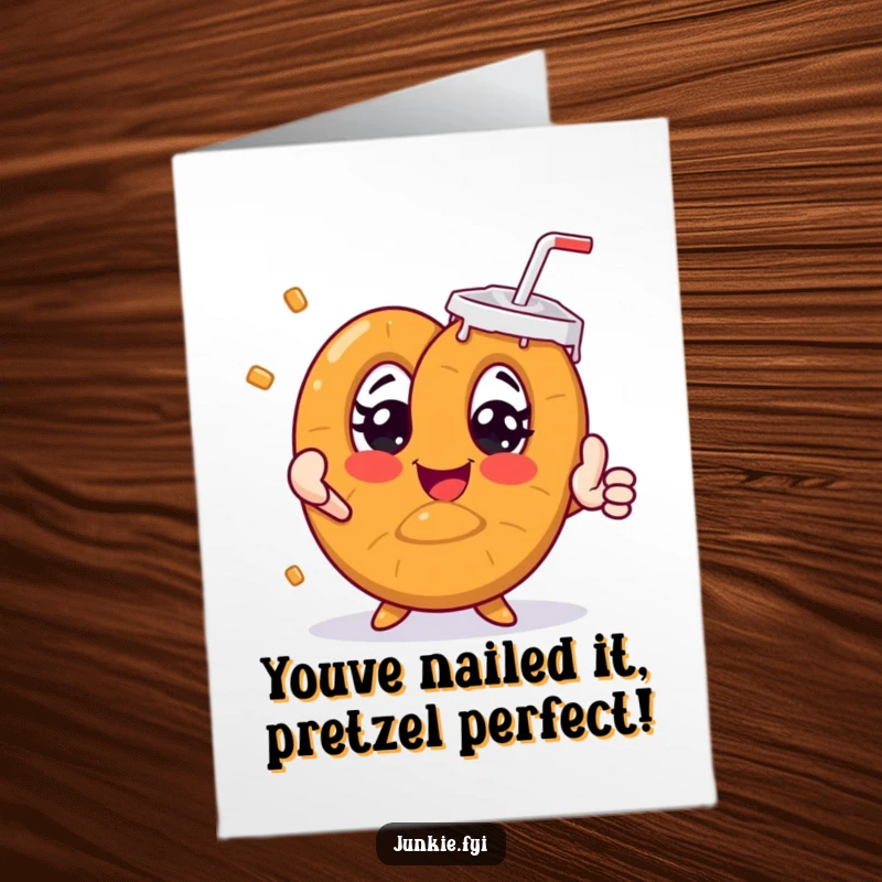 Funny Free Printable Congratulations Card: A smiling pretzel reaching for a giant soda, symbolizing quenching a big success.