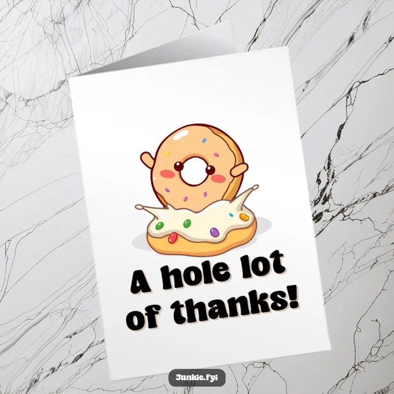 Funny Free Printable Thank You Card: A cheerful donut caught mid-flip into a frosting pool, expressing thanks.