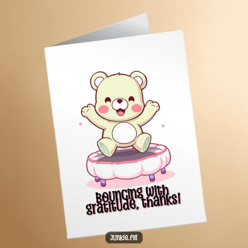 Funny Free Printable Thank You Card: A happy gummy bear bouncing on a marshmallow trampoline, expressing cheerful thanks generously.