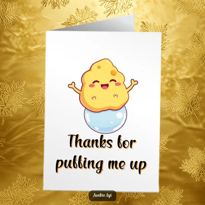 Funny Free Printable Thank You Card: A grinning cheese puff floating happily on a bubble, saying thanks.