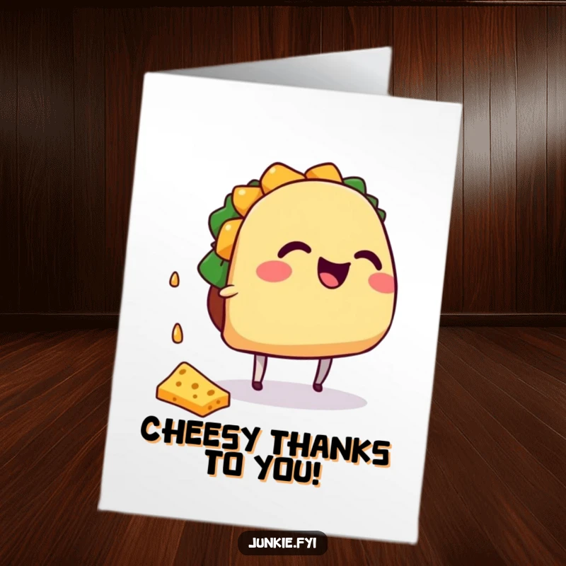 Funny Free Printable Thank You Card: A giggling taco with tiny legs reaching for falling cheese, saying thanks.