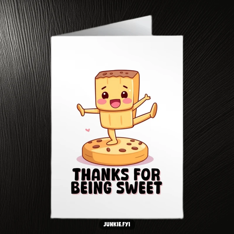 Funny Free Printable Thank You Card: A delighted candy bar performs gymnastics on a cookie, expressing thanks.
