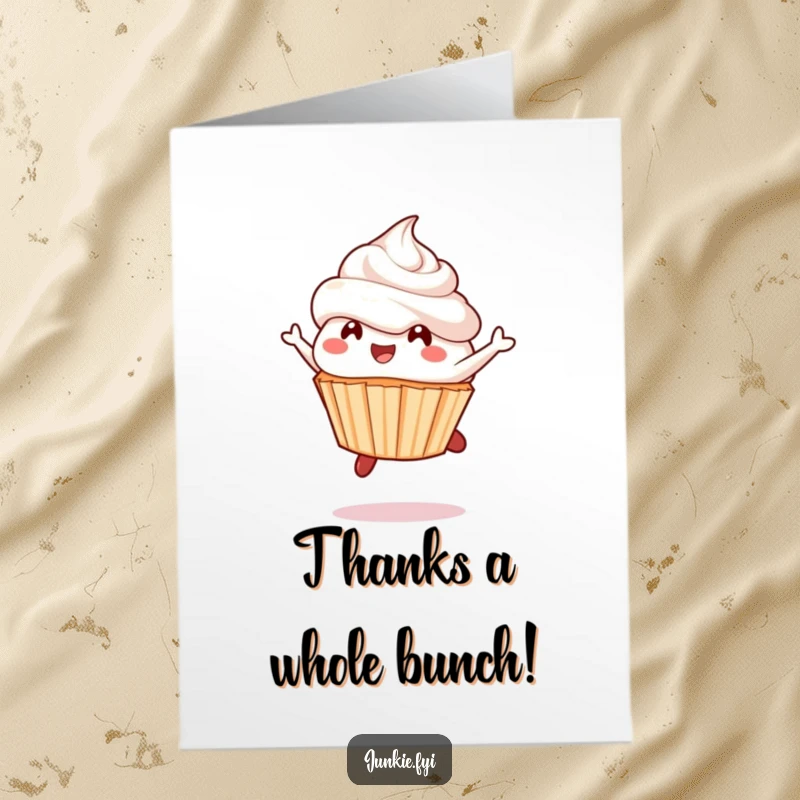 Free Printable Thank You Card: A delighted cupcake character mid-leap with frosting flying, perfect for DIY thanks.