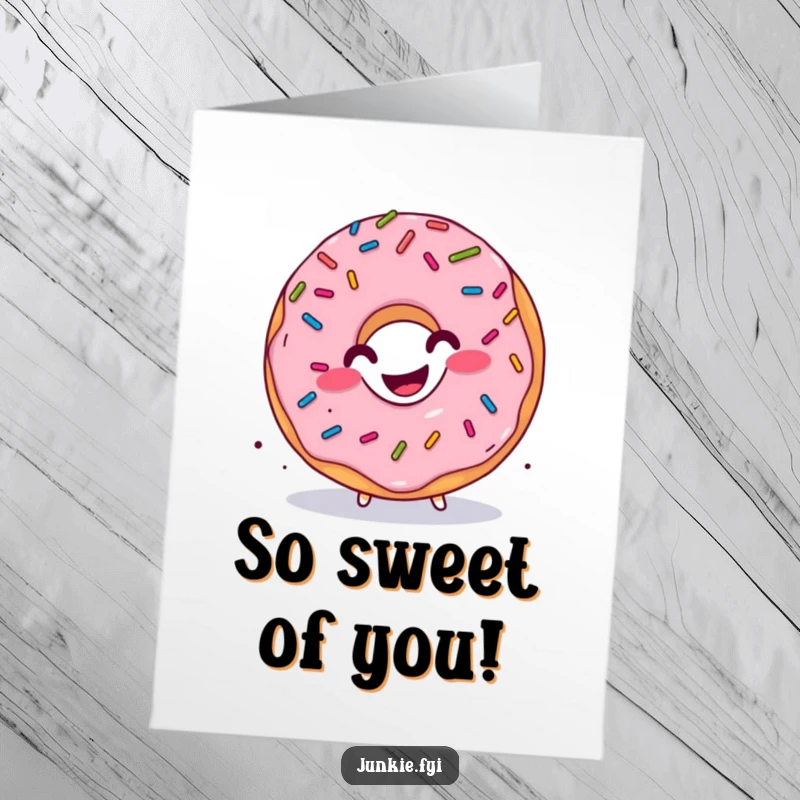 Funny free printable thank you card featuring a grinning donut character with sprinkles raining down, doing a happy wiggle.
