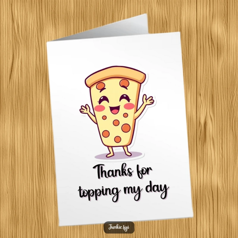 Funny Free Printable Pizza Slice Thank You Card, character doing jazz hands, delighted and thankful, perfect for expressing gratitude.