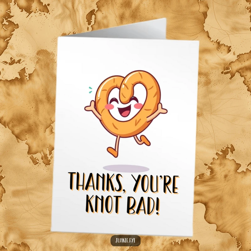 Free Printable Thank You Card: A smiling pretzel character in mid-air with salt sprinkles, a unique DIY thank you.