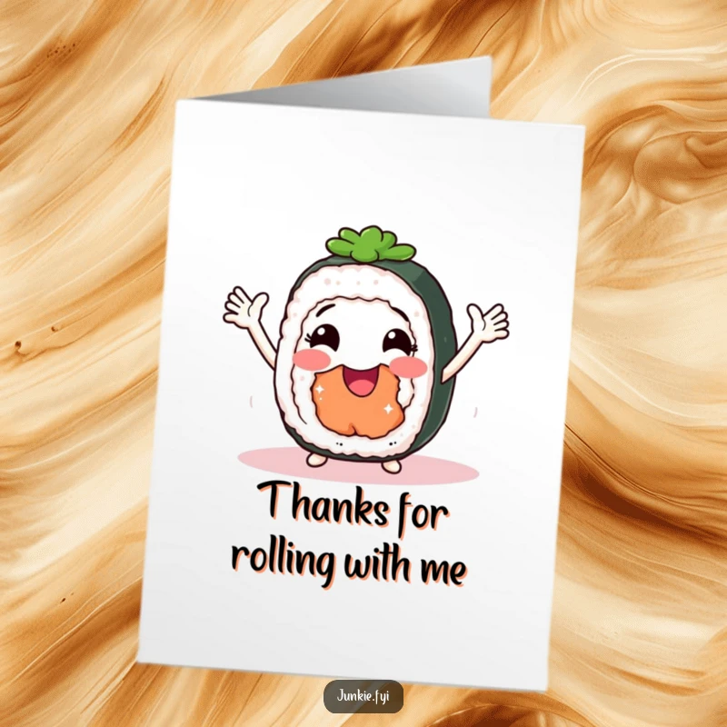 Funny Free Printable Thank You Card: A smiling sushi roll with arms doing a happy shimmy of appreciation.