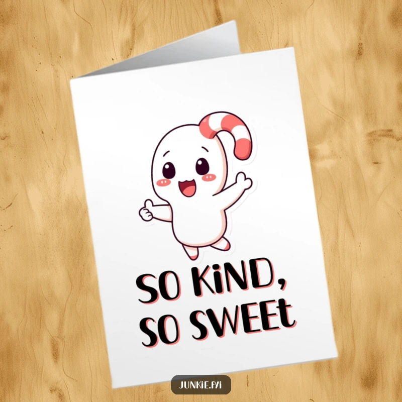 Funny Free Printable Thank You Card: Playful candy cane character boomeranging back to a hand, a sweet thank you.