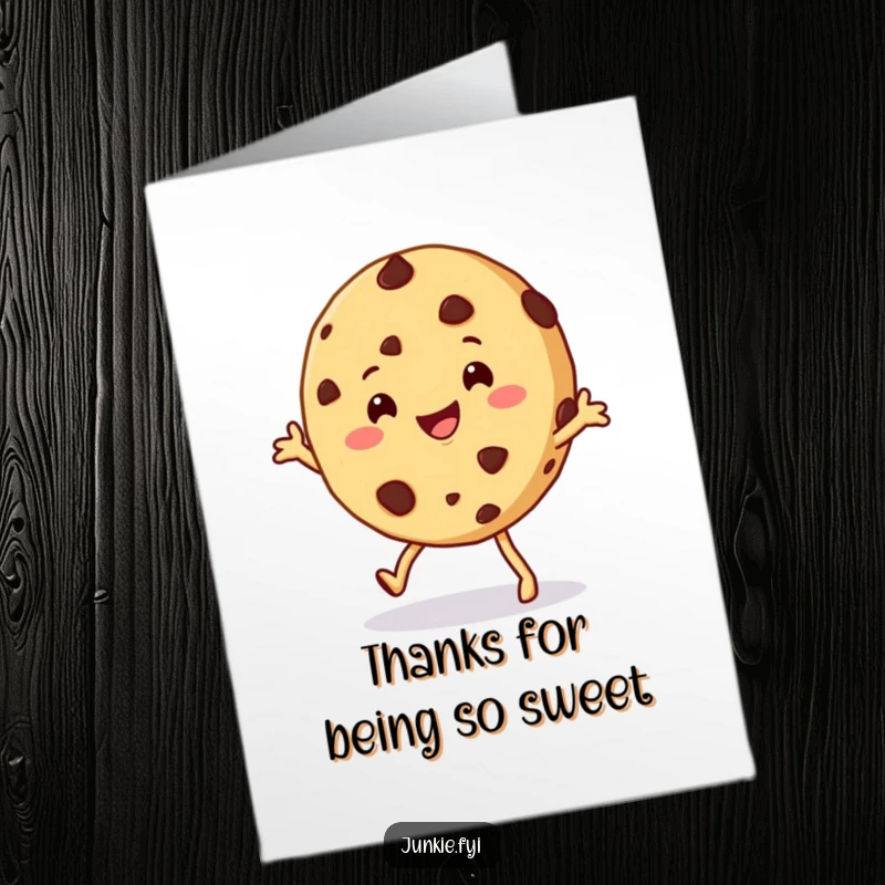 Funny Free Printable Thank You Card: A happy chocolate chip cookie character doing a fun shimmy, expressing thanks with a cheerful wiggle.