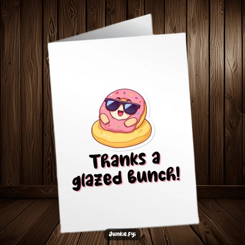 Funny Free Printable Thank You Card of a delighted donut character in sunglasses, lounging casually on a giant chip.