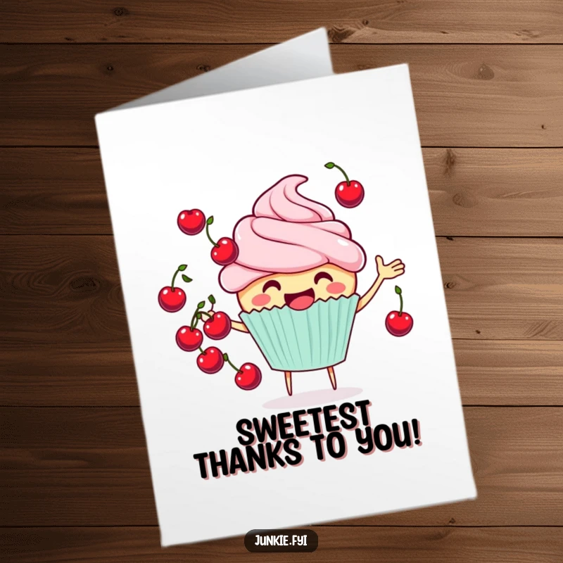 Funny Free Printable Thank You Card of a cheerful cupcake character juggling small cherries, offering a sweet and amusing way to say thank you.